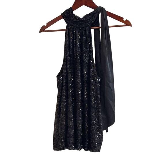 NEW Ramy Brook Women's Small Paula Sequined Tie Neck Halter Top Blouse Black - Picture 8 of 12